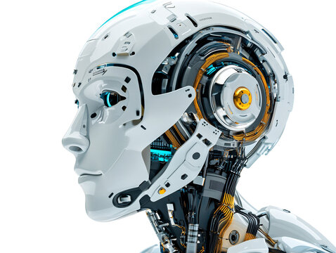 a white robot with blue eyes and yellow and orange parts