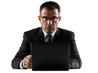 a man in a suit and tie sitting at a table with a laptop