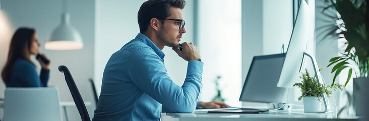 Young businessman working at computer in modern office environment. Side view of focused businessman analyzing data on screen. Office and business workspace concept