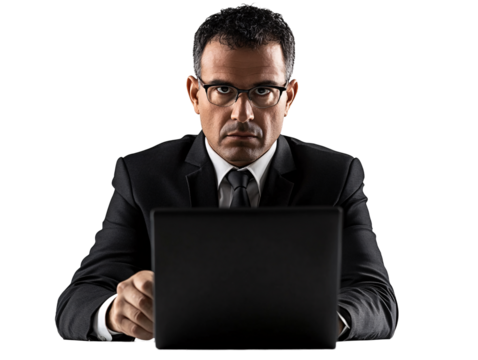 a man in a suit and tie sitting at a table with a laptop