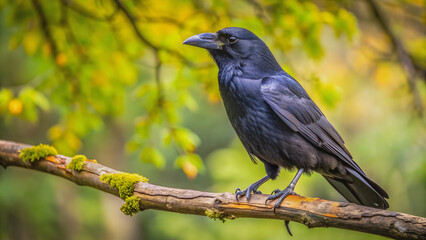 Obraz premium Black crow perched on a tree branch, bird, feathers, wildlife, nature, ominous, dark, mystery, scavenger, wings, intelligent