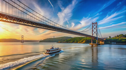 Obraz premium Boat gliding down a scenic river beside a towering bridge, boat, river, bridge, water, transportation, travel, journey