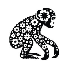 Fototapeta premium Chimpanzee monkey made by simple flower drawing, black and white animal illustration