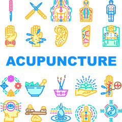 acupuncture needles therapy icons set vector. meridian holistic, wellness balance, energy qi, traditional chinese medicine healing acupuncture needles therapy color line illustrations