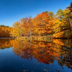 A peaceful lake surrounded by trees in full autumn colors, their vibrant reds, oranges, and yellows perfectly reflected in the still water, creating a serene and picturesque landscape.