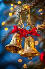 Golden Bells With Red Bows Hanging From a Christmas Tree Amid Festive Lights and Decorations