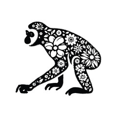 Obraz premium Gibbon monkey made by simple flower drawing, black and white animal illustration
