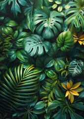 A vibrant and lush arrangement of various tropical leaves and plants, showcasing a rich palette of greens with a touch of yellow from a flower. 
