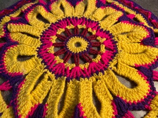 Crochet doily with big flower bright multicolour handmade art decor design 