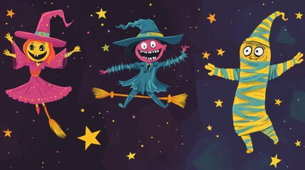 A lively Halloween vector set showcases whimsical characters in vibrant costumes against a starry night backdrop, perfect for festive designs