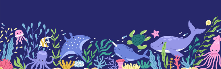 Sea marine life, underwater flora and fauna, banner. Cute ocean animals and plants panorama, seabed background. Happy under water sealife, seabed border with fishes. Childish flat vector illustration