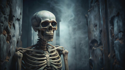 Horror skeleton lurking in the dark environment, creepy, spooky, scary, Halloween, haunting, monster, undead, fear, eerie, chilling