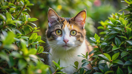 Bicolor cat peeking out from bush, displaying curiosity and adventure , curious, exploration, cat, pet, domestic, bicolor
