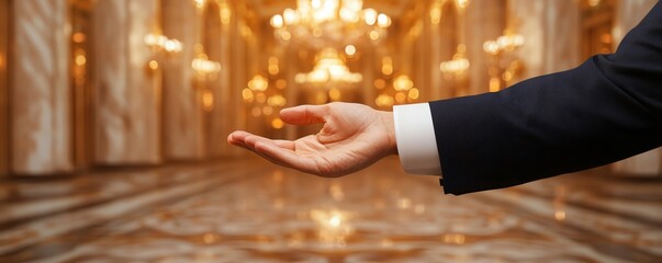 Elegant hand gesture in luxurious interior, perfect for showcasing hospitality or invitation in a refined setting.