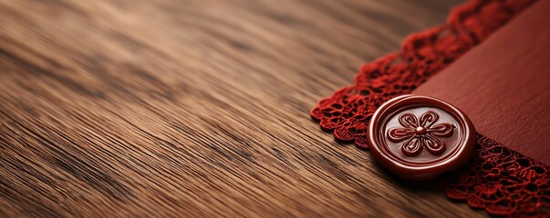 Elegant red lace trim and a vintage wax seal on a wooden surface, perfect for rustic and artistic themes.
