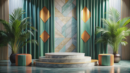 Luxurious tropical marble podium with colorful geometric shapes and elegant curtains , luxury, tropical, marble