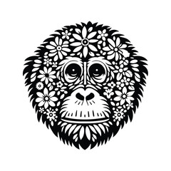 Obraz premium orangutan monkey made by simple flower drawing, black and white animal illustration