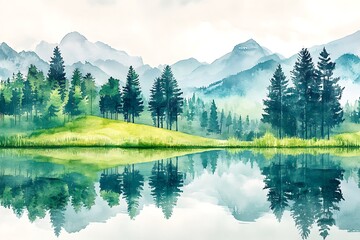 Fototapeta premium Watercolor landscape with mountains, forest and river in front. beautiful landscape.