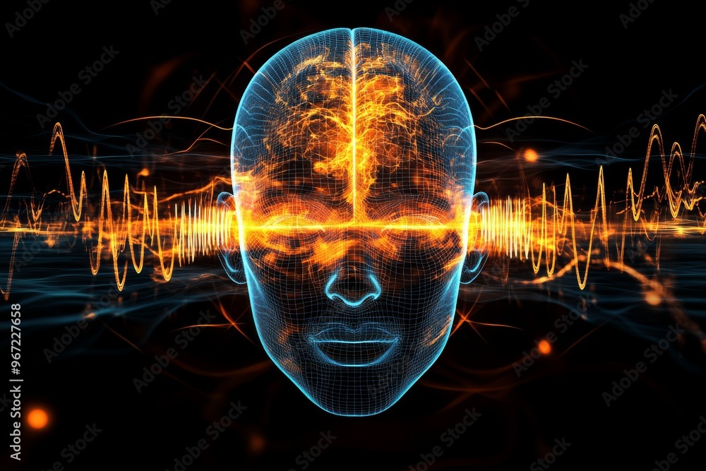 Poster neural resonance sound frequency energy field fluid dynamics and power burst head with glowing crown