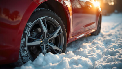 Car wheel close-up stuck in the snow