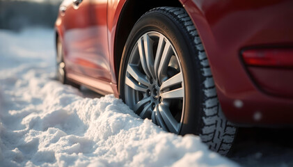 Car wheel close-up stuck in the snow