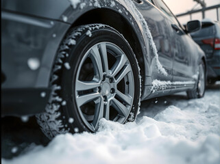 Car wheel close-up stuck in the snow