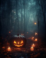 Spooky Halloween Jack-o'-Lanterns and Candles Illuminating Dark Forest Path