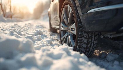 Car wheel close-up stuck in the snow