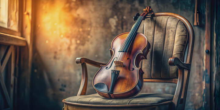 Old, weathered violin on chair in soft light , music, instrument, vintage, aged, worn, strings, scratches
