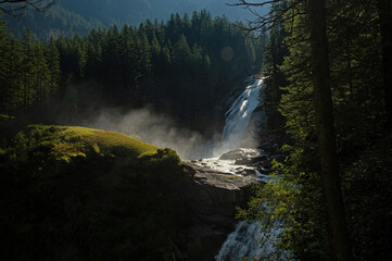 amazing morning light and water splashs at the Krimml falls in Austria