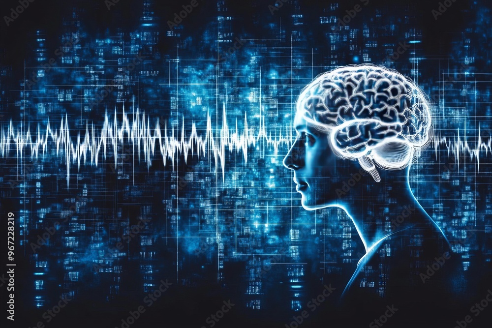 Poster data transfer neural energy neural pathways sound resonance and sci fi glowing brain with neural ene