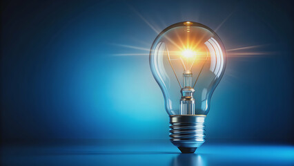 Glowing light bulb emitting light on a blue background, innovation, creativity, bright, ideas, inspiration