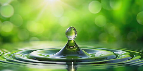 Shiny water drop on green background, perfect for advertising oil or natural products, water, drop, isolated