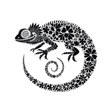 recommend clip art: Frilled lizard reptile made by simple flower drawing, black and white animal illustration