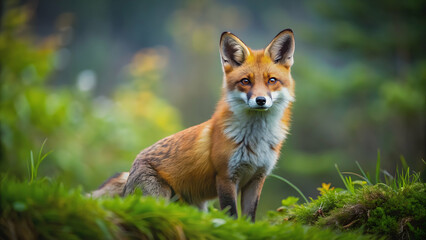 Fototapeta premium Beautiful fox in its natural habitat, fox, wildlife, nature, animal, forest, wilderness, wild, cute, hunting, fur, orange