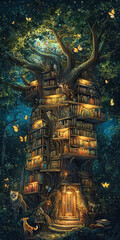 Fototapeta premium Whimsical treehouse library illuminated at night surrounded by glowing butterflies in a magical forest ambiance.