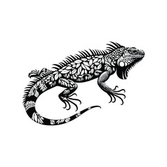 Naklejka premium Iguana reptile made by simple botanical drawing, black and white animal illustration