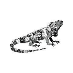 Fototapeta premium Iguana reptile made by simple flower drawing, black and white animal illustration