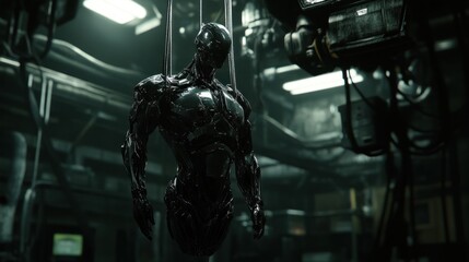 Metallic Android Hanging in a Futuristic Industrial Setting