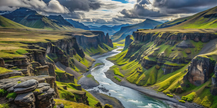 Spectacular landscape view of Thakgil mountains, canyon and river, Iceland, Iceland, Thakgil, mountains, canyon