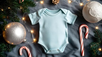 Mockup of baby bodysuit with a background of glowing Christmas tree lights, candy canes, and twinkling stars, magical holiday vibe