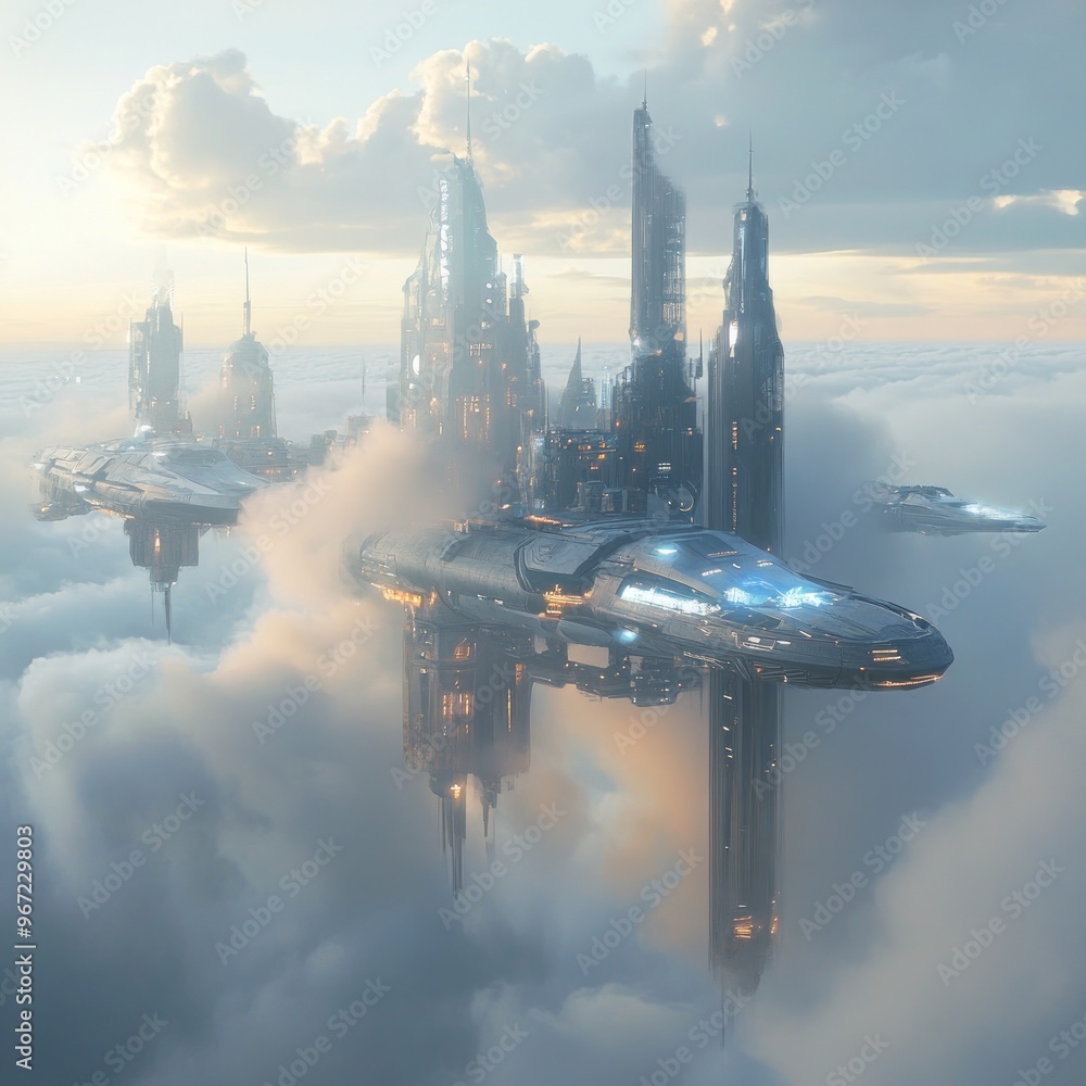 Canvas Prints Futuristic city above clouds, with hovering spaceships and glowing lights.