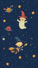 This playful Halloween vector set showcases adorable characters including a ghost, a witch, and festive pumpkins floating against a starry backdrop