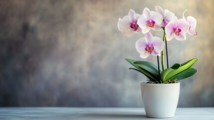 Elegant pink orchids in a minimalist white pot displayed against a soft, blurred background for a serene indoor atmosphere