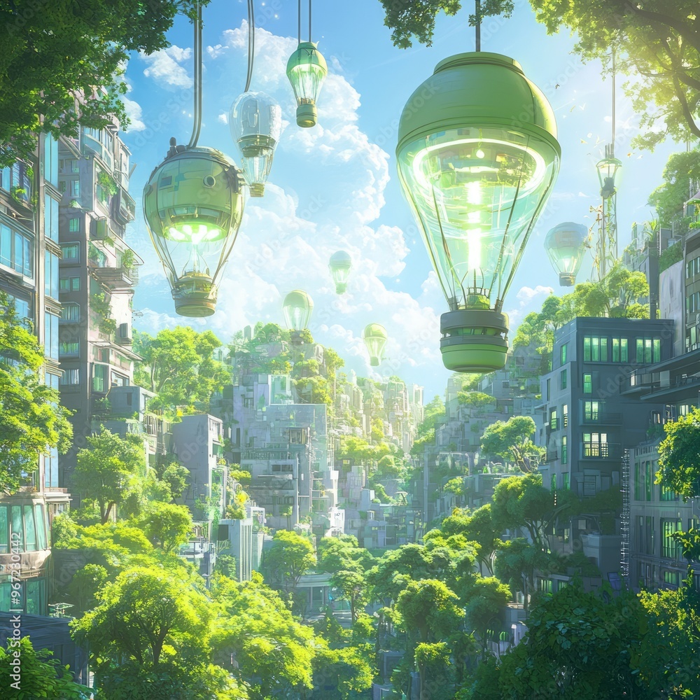 Canvas Prints Futuristic city with green buildings and light bulb hot air balloons.