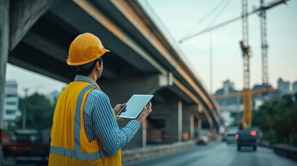 Engineer Inspecting Construction Site with Tablet