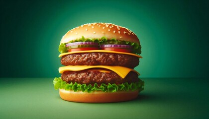 Double patty burger with green background- ai generated