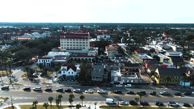 Forward aerial view of the city of St Agustine, Florida. Descending orbit.