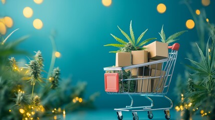 Cannabis Store Online Sales Banner Featuring Shopping Cart with Marijuana and Packages
