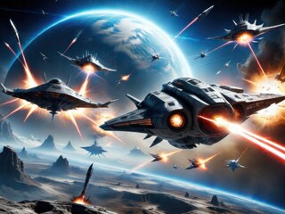 Obraz premium Epic Space Battle Above a Planet